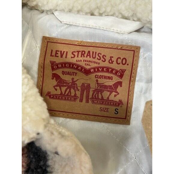 Levi's Womens Trucker Jacket Ex-Boyfriend All Over Sherpa Plaid Beige Size S NWT - Picture 5 of 12